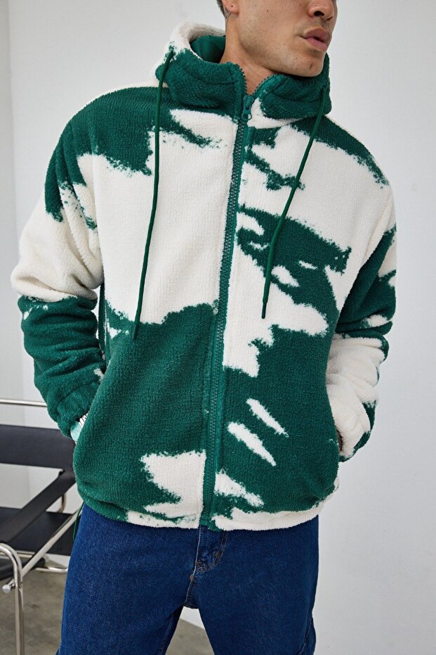 معطف من القطيفة بغطاء رأس مبطن باللون الأخضر منقوش على شكل سحابة - 4