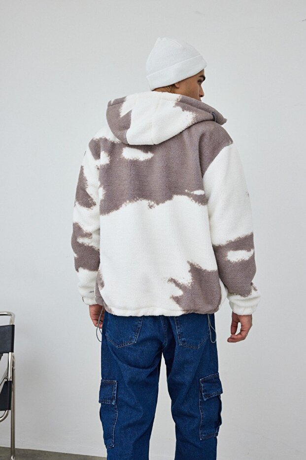 Cloud Patterned Gray Lined Hooded Plush Coat - 5