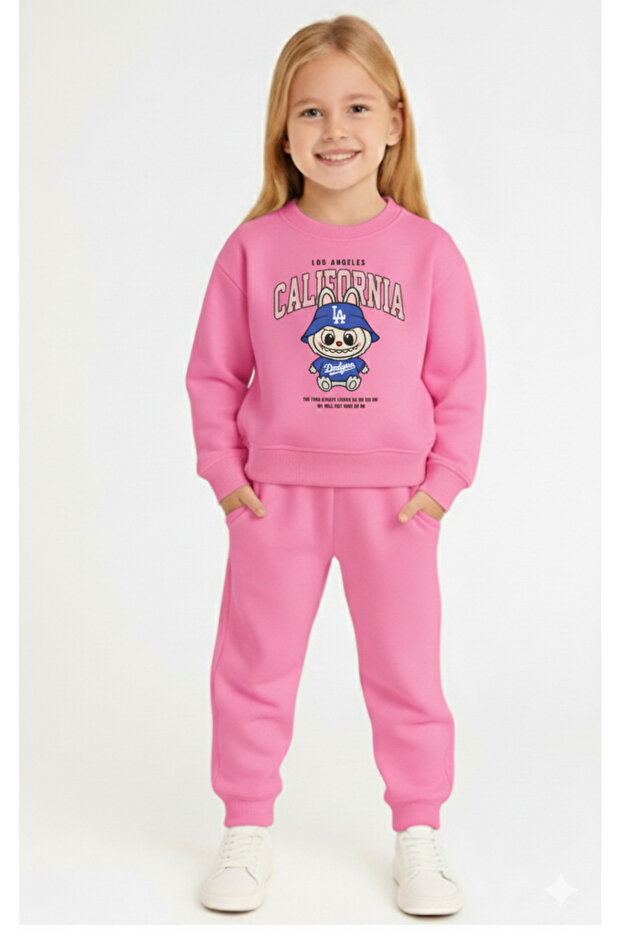 Girl's Labubu Printed Fleece-Lined Sweatshirt Tracksuit Set