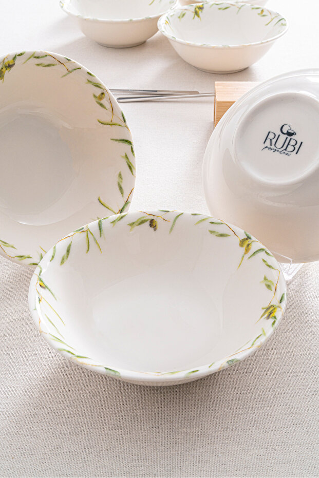 Olive 6 Pieces Modern Porcelain Soup Bowl |   Luxury Mediterranean Olive Branch Patterned Presentation Set
