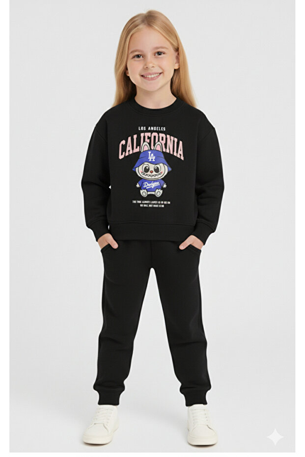 Girl's Labubu Printed Fleece-Lined Sweatshirt Tracksuit Set