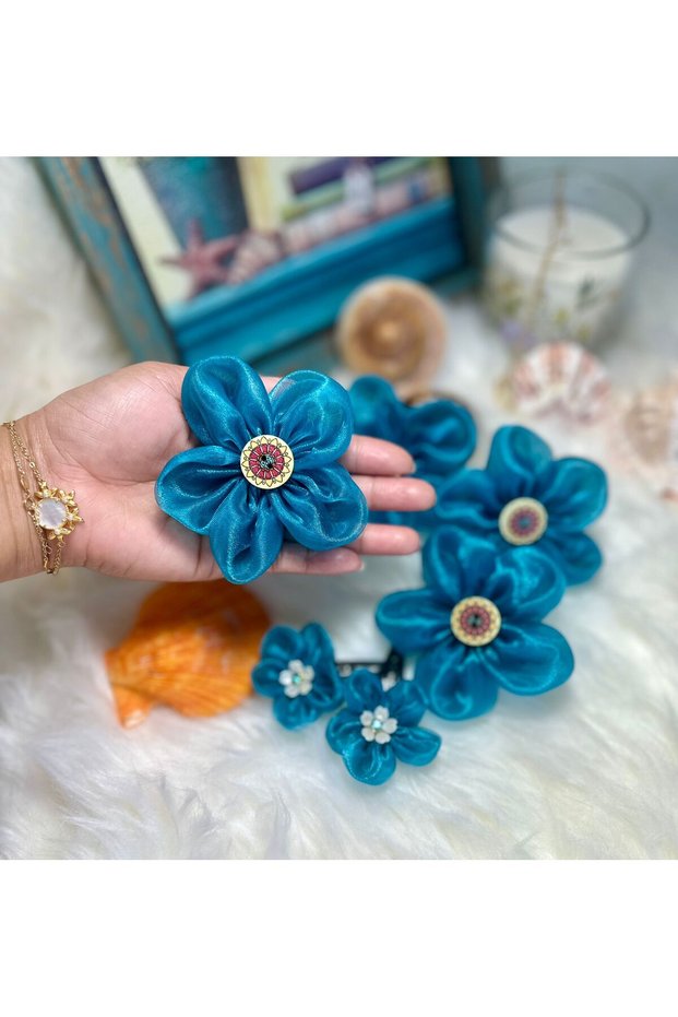 Handmade 2Pairs of Organza flower Clip and 1 pair of ponytail