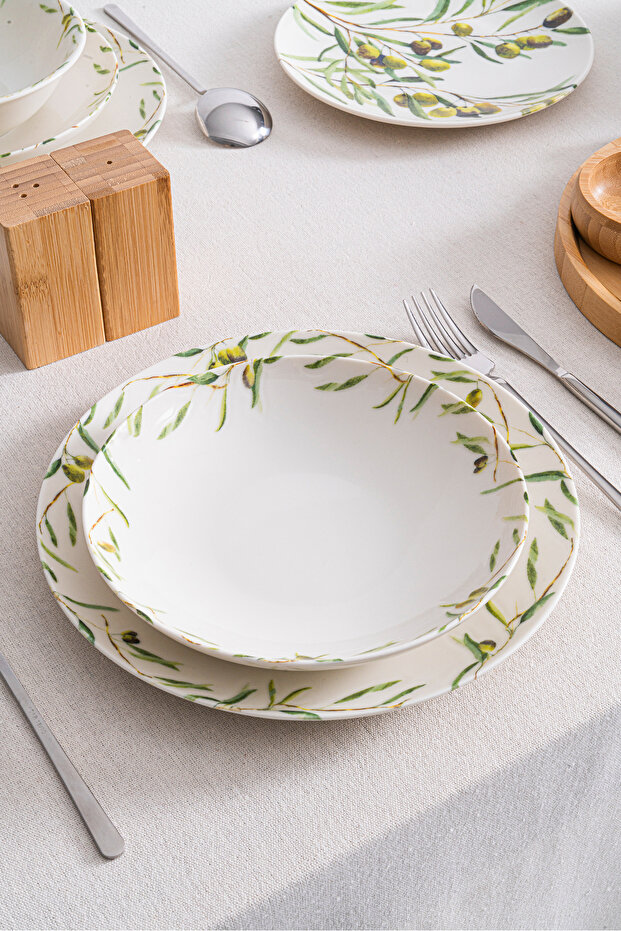 Olive 6-Piece Premium Porcelain Dinner Plate | Olive Branch Patterned Dinner Plate Set 20 cm