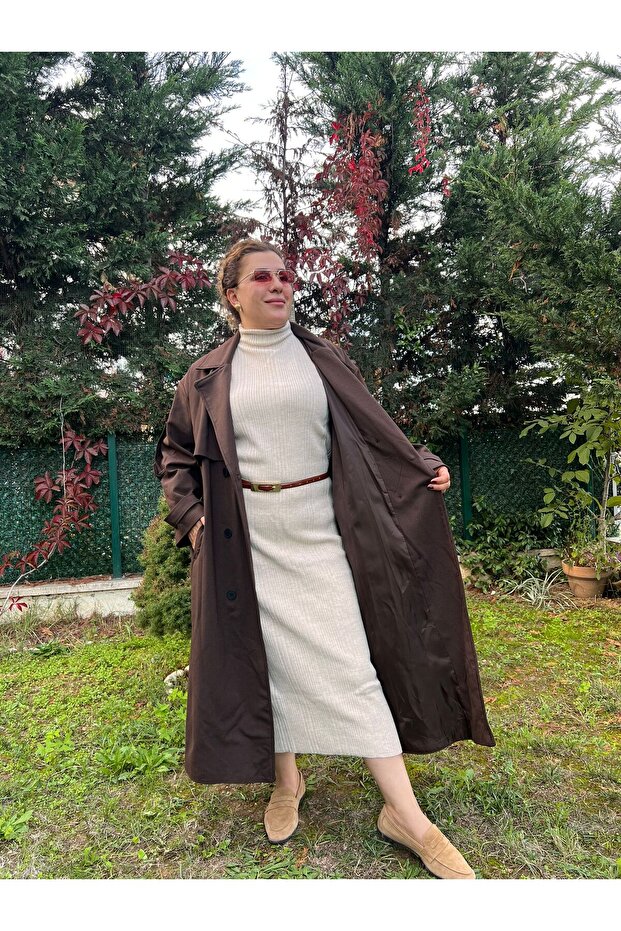 Oversize Astarlı Büyük Beden Trençkot - 6