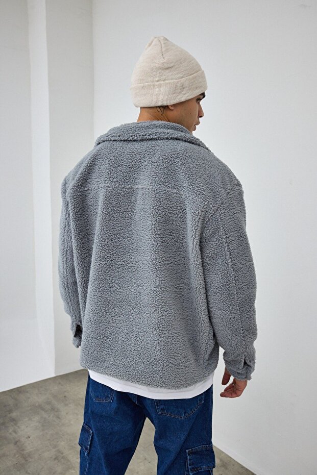 Astarlı Fermuarlı Oversize Peluş Mont - 5