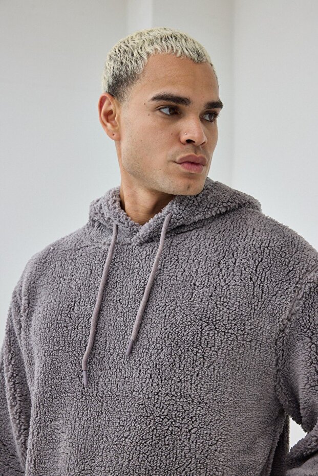 Basic Kapüşonlu Oversize Peluş Sweatshirt - 2