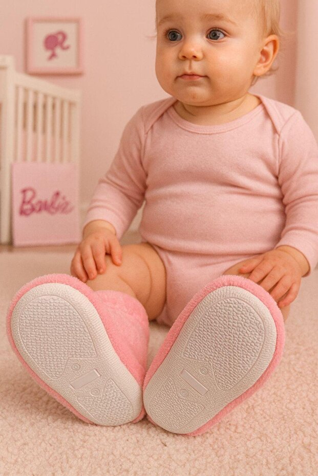 Bebek & Çocuk Kaydırmaz Eva Tabanlı Ev Botu / Panduf / Kışlık Peluş Bot / Pembe Desenli - 3