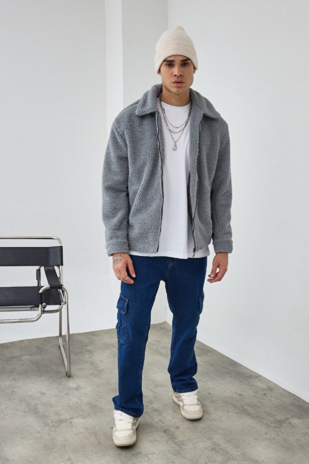 Astarlı Fermuarlı Oversize Peluş Mont - 6