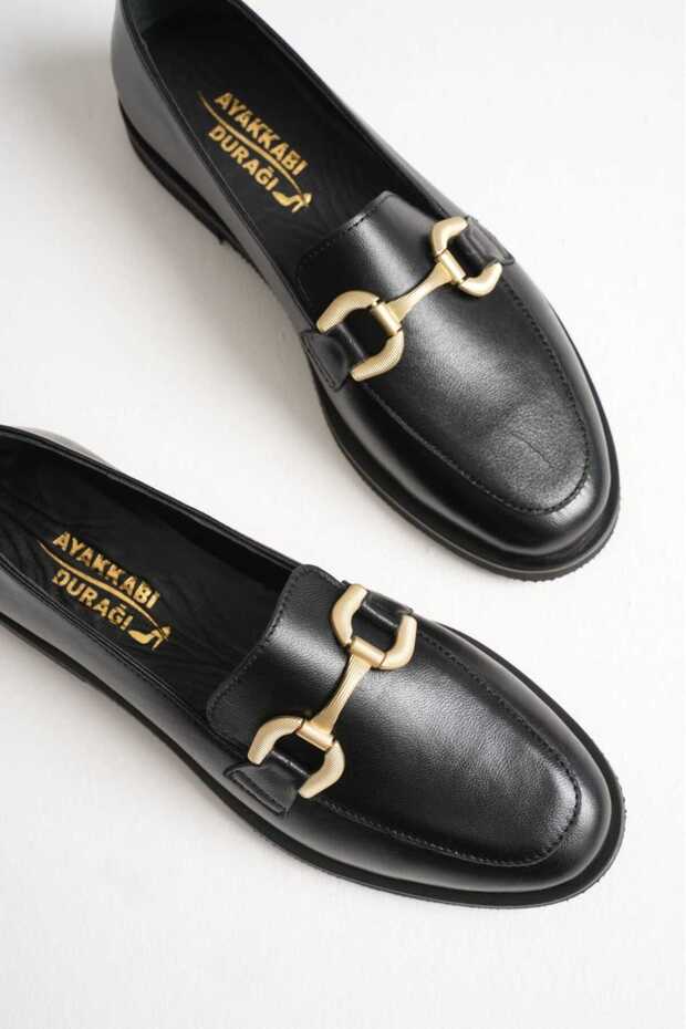 BLACK GENUINE LEATHER WOMEN'S SPECIAL PRODUCTION BUCKLE LOAFERS