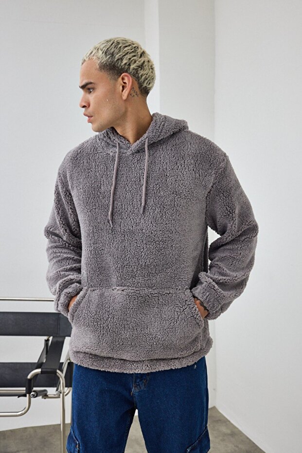 Basic Kapüşonlu Oversize Peluş Sweatshirt - 1