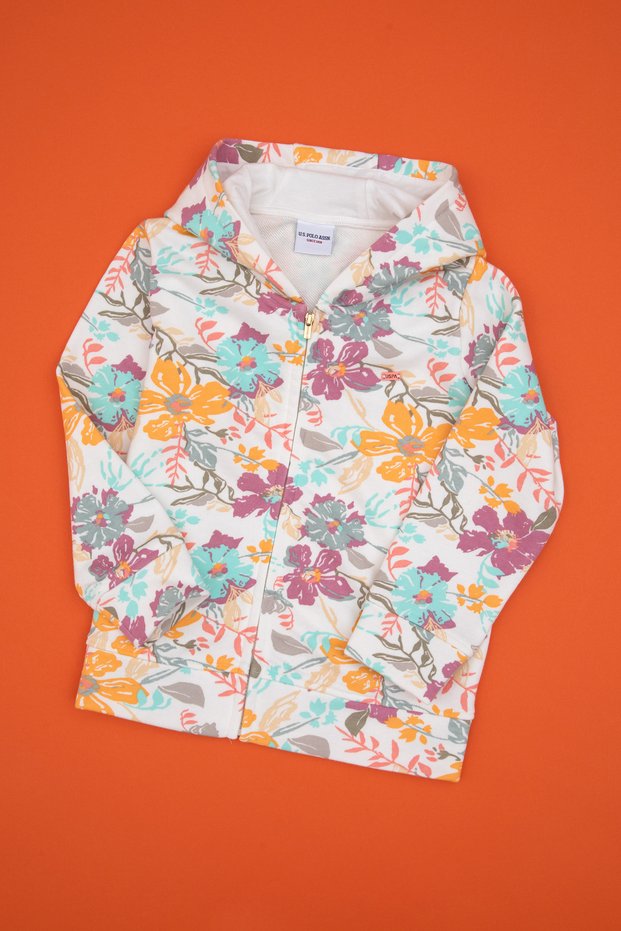 Girl's Cream Flower Printed Hooded Zippered Sweatshirt 50314285-Vr256
