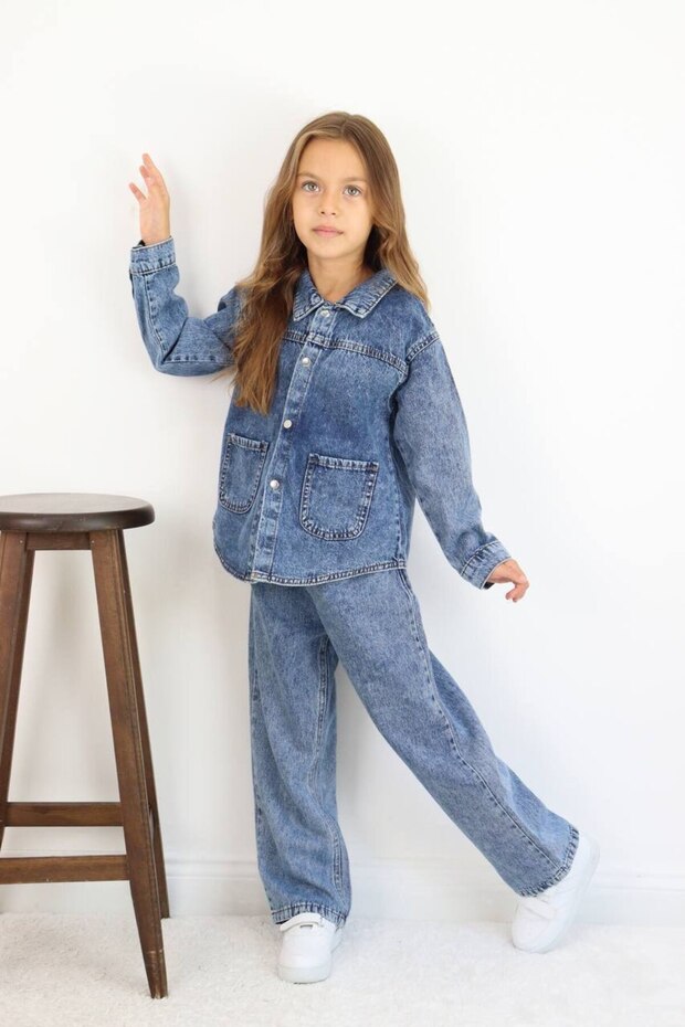 Girl's Blue Denim Jacket and Pants Jean Winter Set