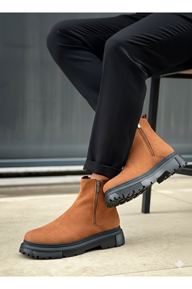 BA0777 Süet Taba Siyah Taban Çift Fermuarlı Erkek Yarım Bilek Bot - 2