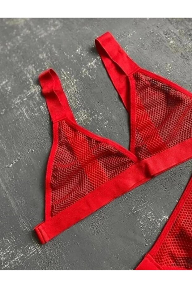 Farkımızla Daima Cesaretset Kadın Kırmızı Seksi Fileli Alt Üst TakımGecelik - 2