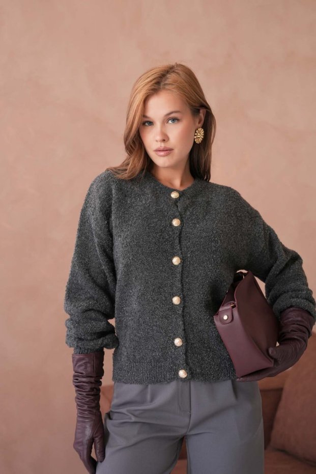 Oversized Buklet Yarn Crew Neck Knitwear Cardigan Aw25Hi0052
