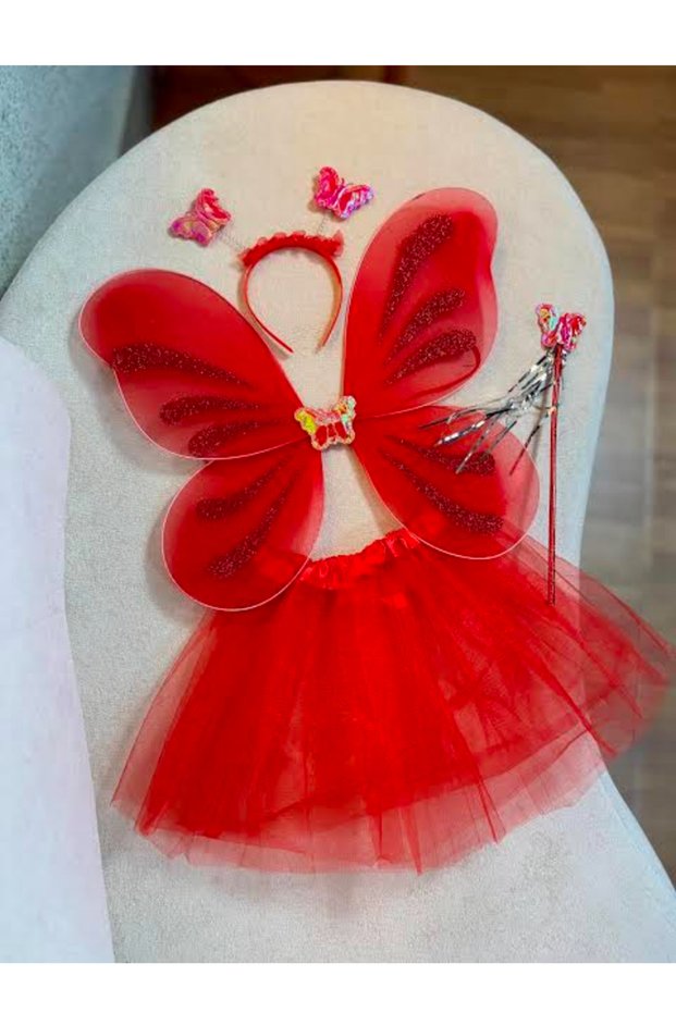 Red Butterfly Costume Set - Tutu Skirt, Wings, Crown and Wand | Girl's Party Costume