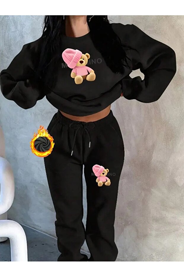 Unisex Men's Women's Pink Bear Printed 3 Thread Crew Neck Tracksuit Set