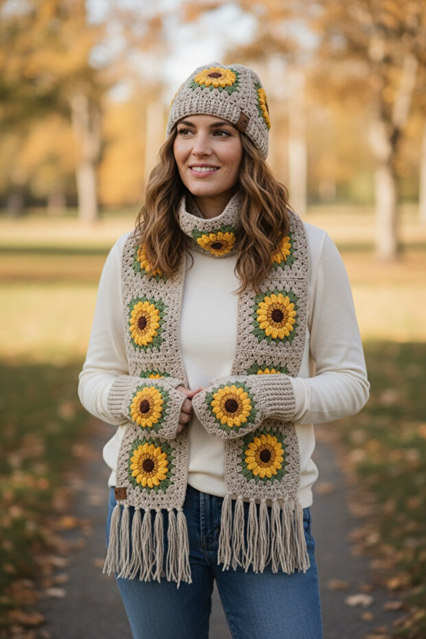 Knitted Sunflower Motif Scarf & Gloves & Beanie Set