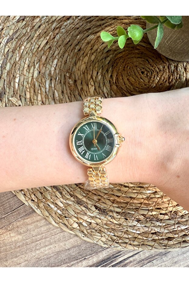 Roman Numeral Gold Inside Green Women's Wristwatch