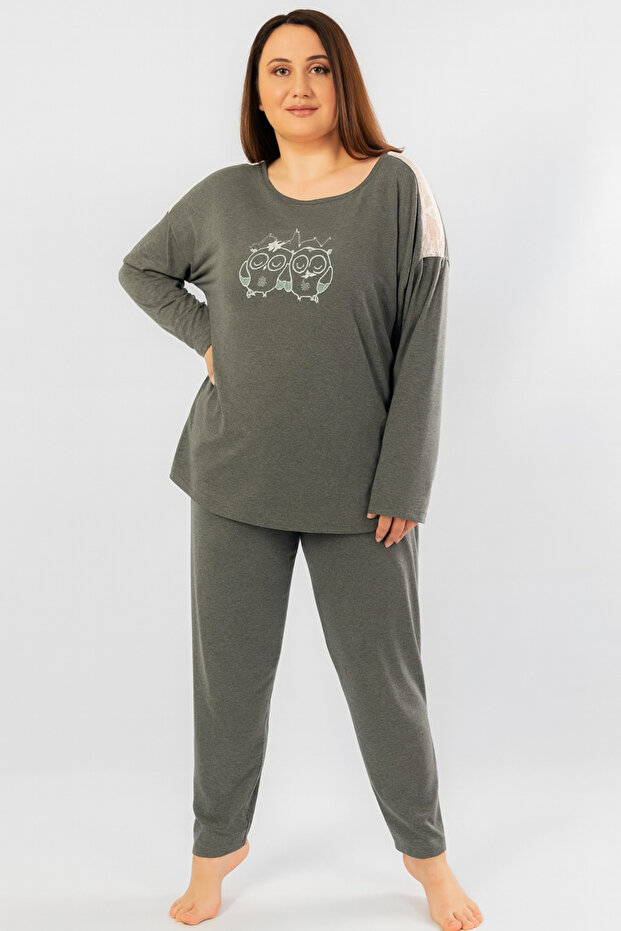 Women's Owl Printed Lace Detail Pajama Set-Large Size