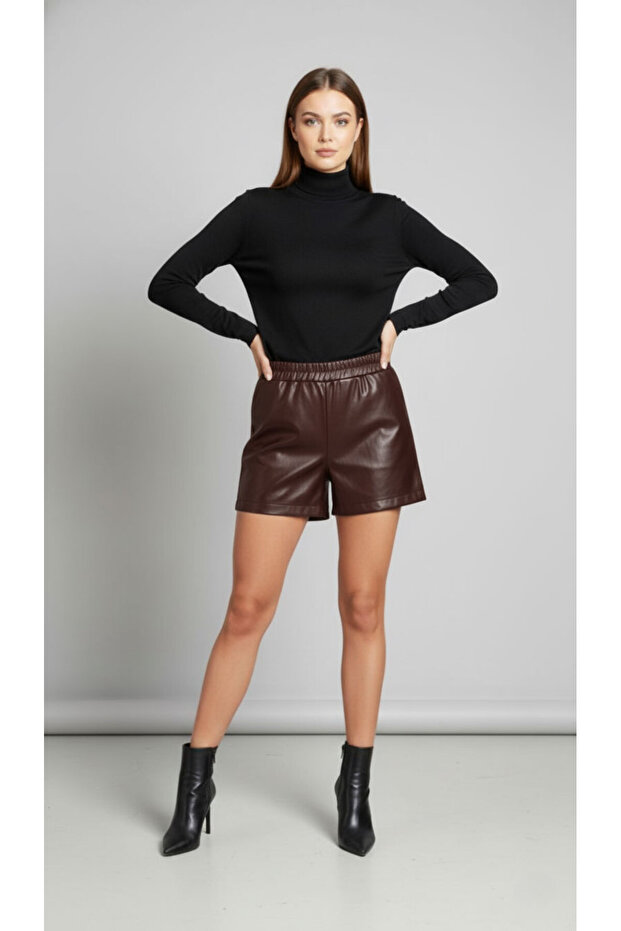 Kadın Suni Deri Şort Koyu Kahverengi - 1