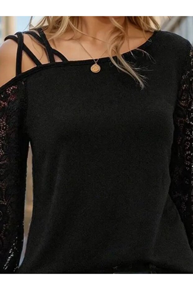 Women's Long Sleeve One Shoulder Cross Striped Detail Viscose Two Thread Blouse