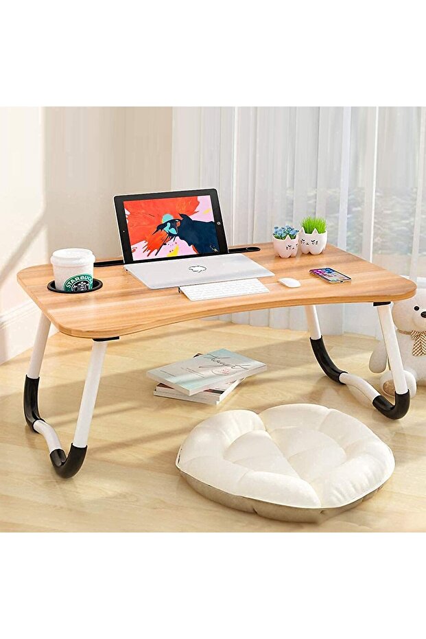 Portable Folding Bed Laptop Desk with iPad & Cup Holder - Beige