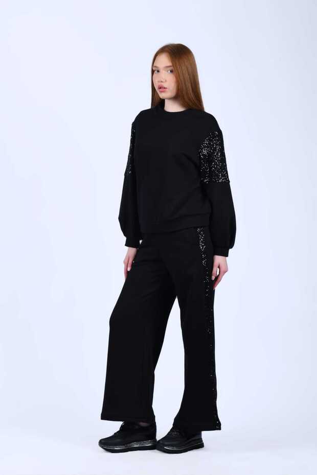 Siyah Kolu Pullu Sweatshirt - LV28 - 4