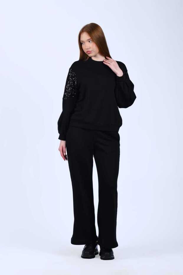 Siyah Kolu Pullu Sweatshirt - LV28 - 5