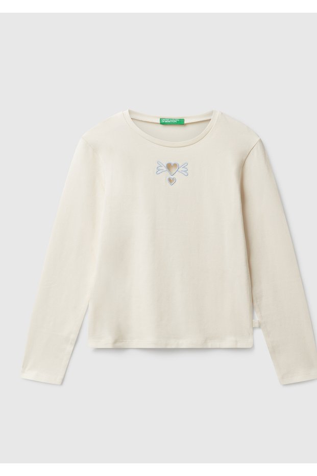 Girl's Ecru Jersey Long Sleeve T-Shirt with Printed Logo Labels on the Front