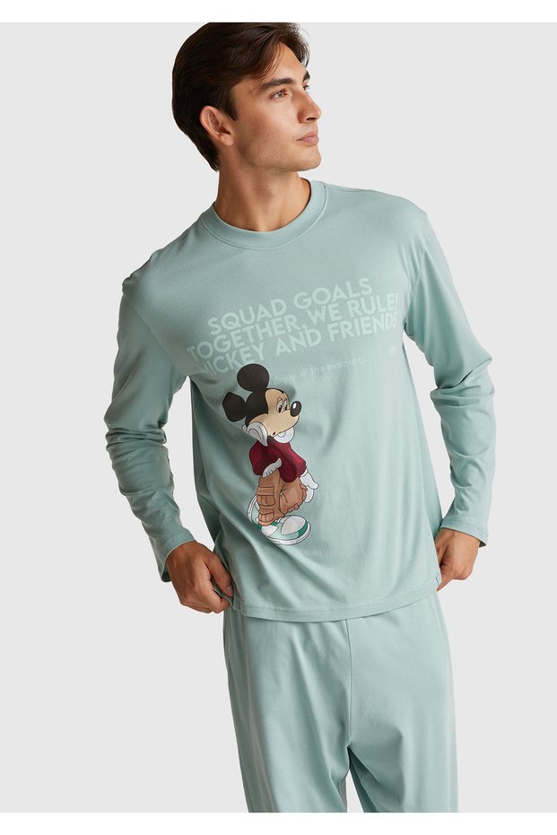 Men's Light Green 100% Koton Disney Printed Long Sleeve T-Shirt