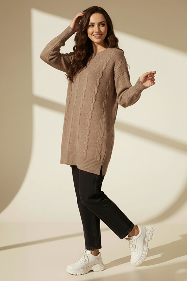 Örgülü Triko Kazak K6005 Vizon - 1