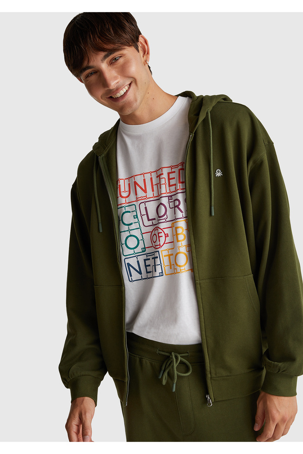 Men's Khaki Green 100% Cotton Slim Fit Zippered Hooded Sweatshirt