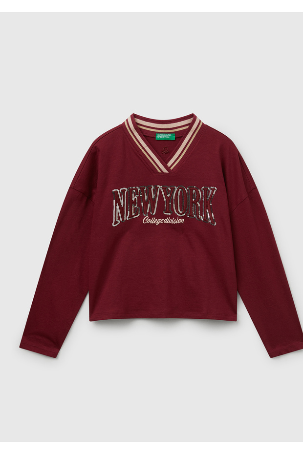 Girls' Burgundy Sequin Embroidered Stripe V-Neck Boxy Fit Long Sleeve T-Shirt