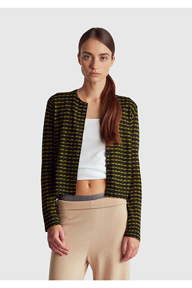 Women's Khaki Green Viscose Blend All over Patterned Buttoned Cardigan