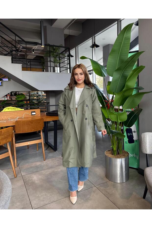 Kadın Kemerli Uzun Trençkot – Su Geçirmez, Astarlı, Oversize Model - 2