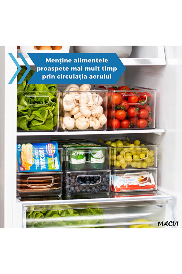 Set of 12 Macvi® fridge organizers, durable BPA-free ABS, stackable with handles, 26×15 cm. - 4