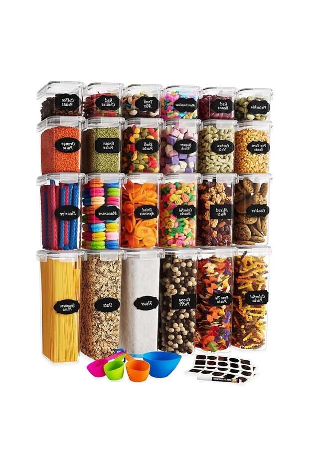 Set of 24 Macvi® airtight, BPA-free food containers, stackable, with labels and spoons included. - 1