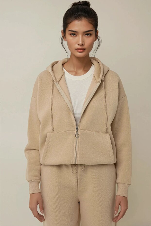 Oversize Fermuarlı Kapüşonlu Sweatshirt - 1