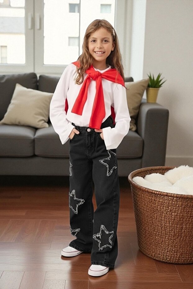 Girl's Wide-Leg Star Patterned 100% Cotton Elastic Denim Pants