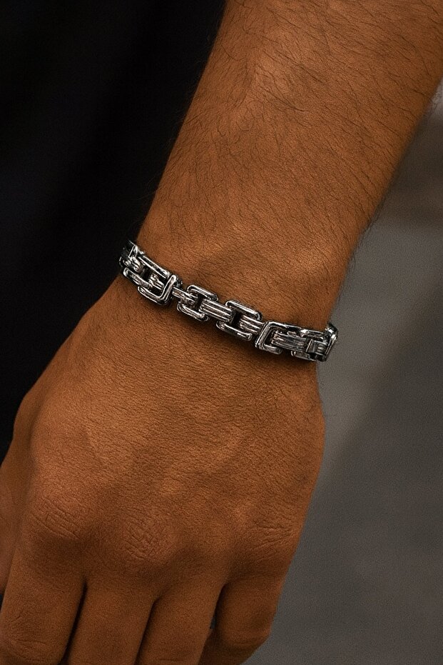 Silver Color Chain Detailed Steel Men's Bracelet