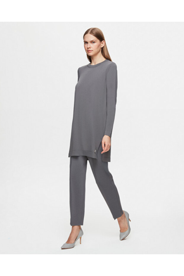 Uzun Kollu Basic Triko Antrasit Tunik - 2