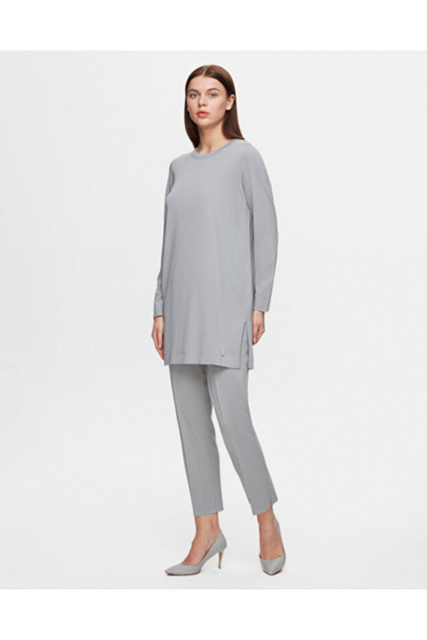 Uzun Kollu Basic Triko Gri Tunik - 2