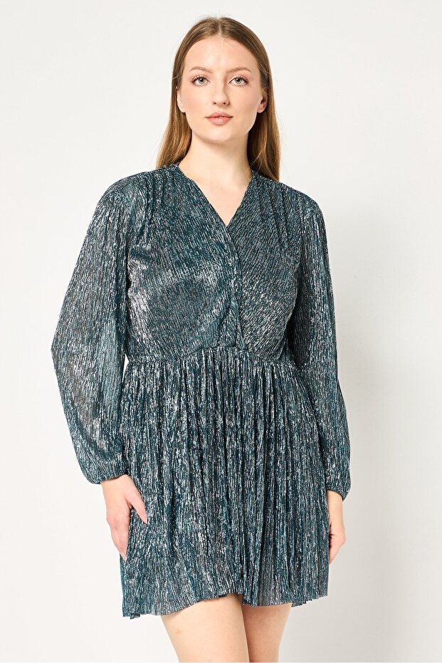 Women Metallic Mini Dress, Teal Green
