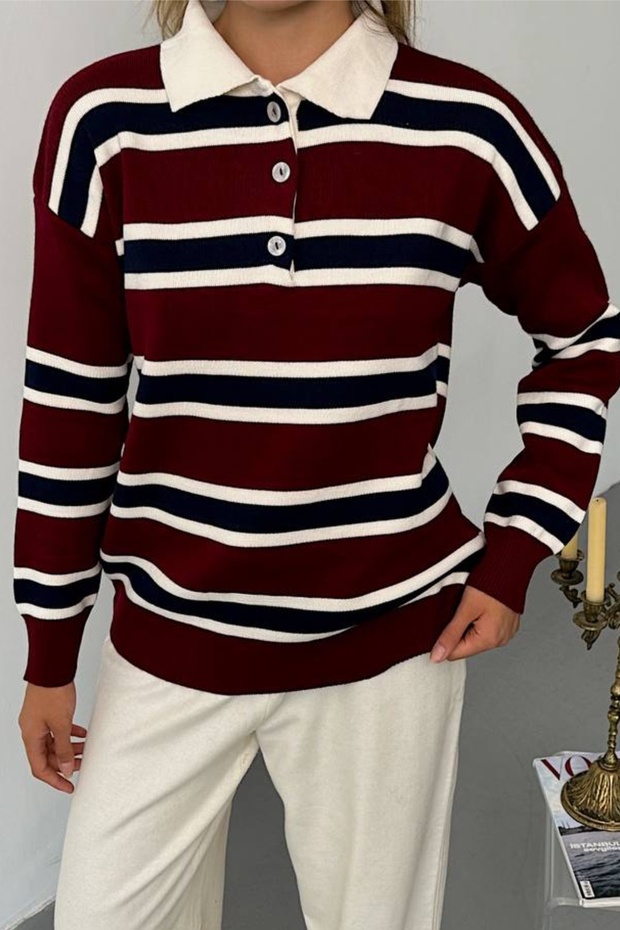 Women's Polo Neck 3 Button Navy Blue White Striped Burgundy Sweater