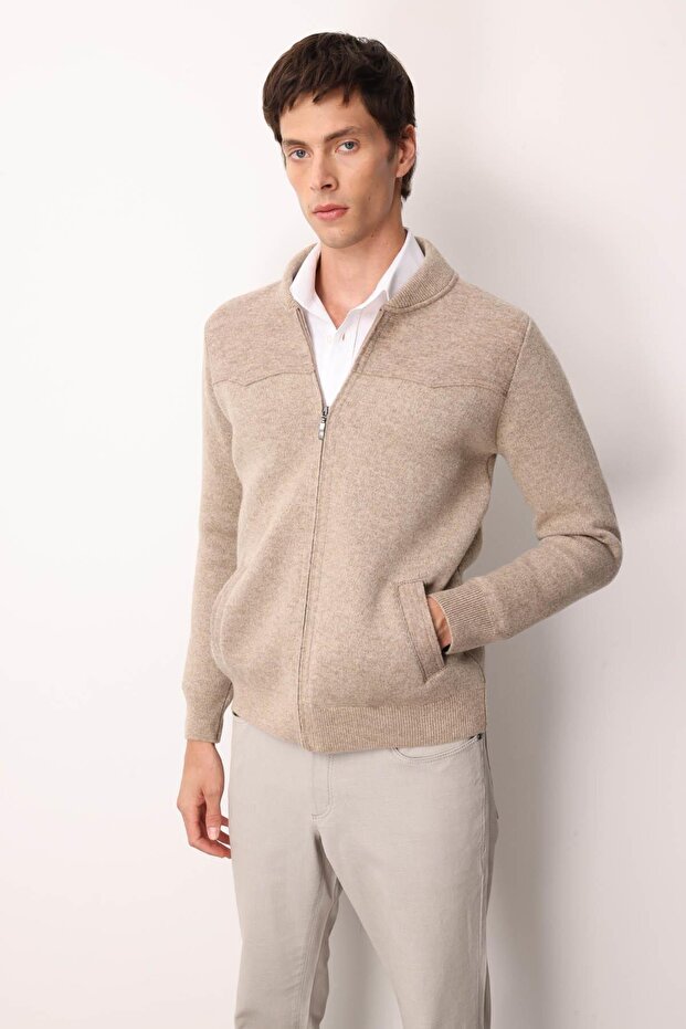 Men's Judge Collar Felt Knitwear Wool Coat with Chest and Pocket Details, Dark Beige