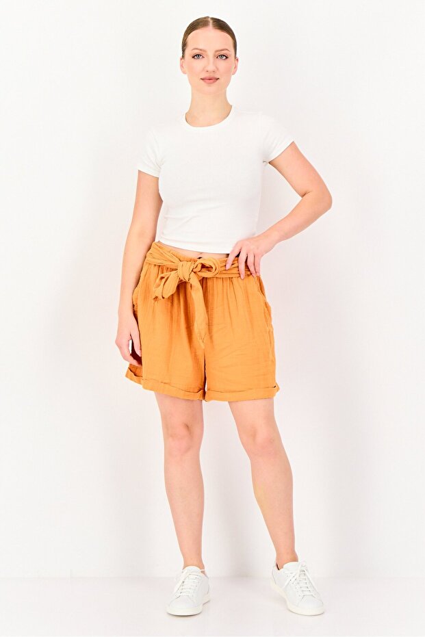 Women Solid Basic Shorts, Orange - 4