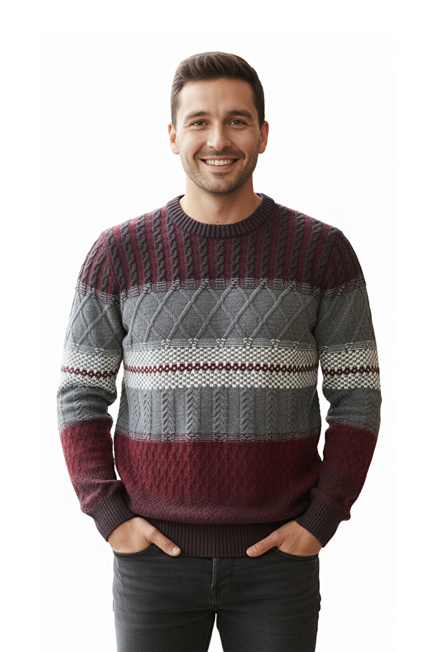 Men's Crew Neck Patterned Thick Sweater - 1