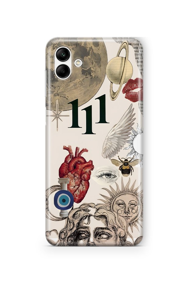 Samsung Galaxy A07 Compatible Astro Symbolic Collage and 111 Energy Pattern Transparent Phone Case