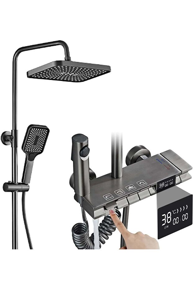 Thermostatic Shower Column, Digital Display, Ambient LED, 4 Functions, Rectangular Rain Shower - 7